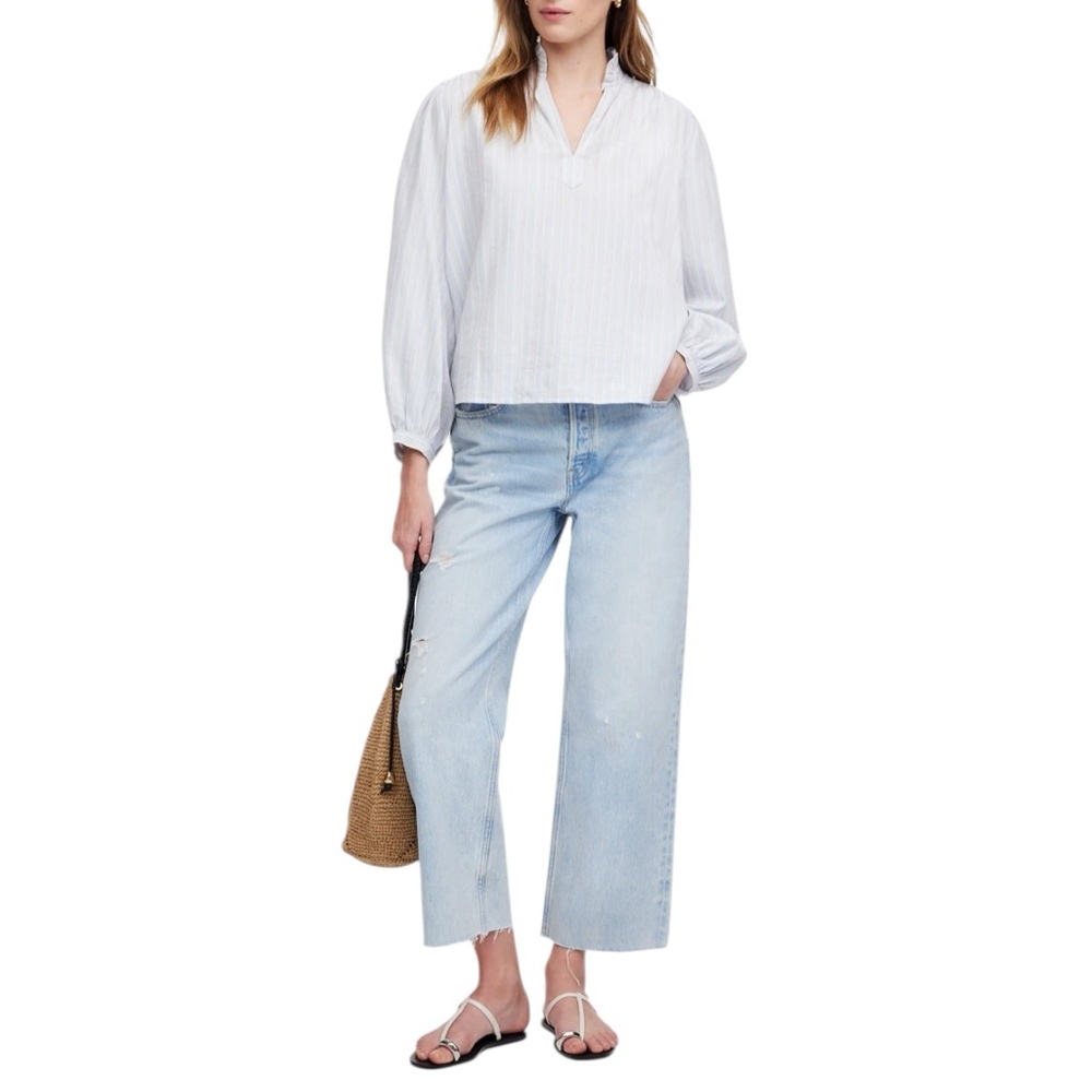 Madewell Ruffled Popover Top in Blue White Lino Dobby